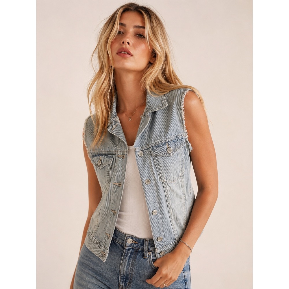 Rock & Republic Gunshow Railroad Stripe Denim Vest Frayed Blue White Large L